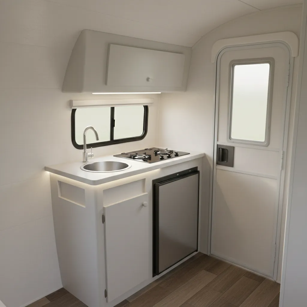Compact Casita trailer kitchen and wet bath near entry