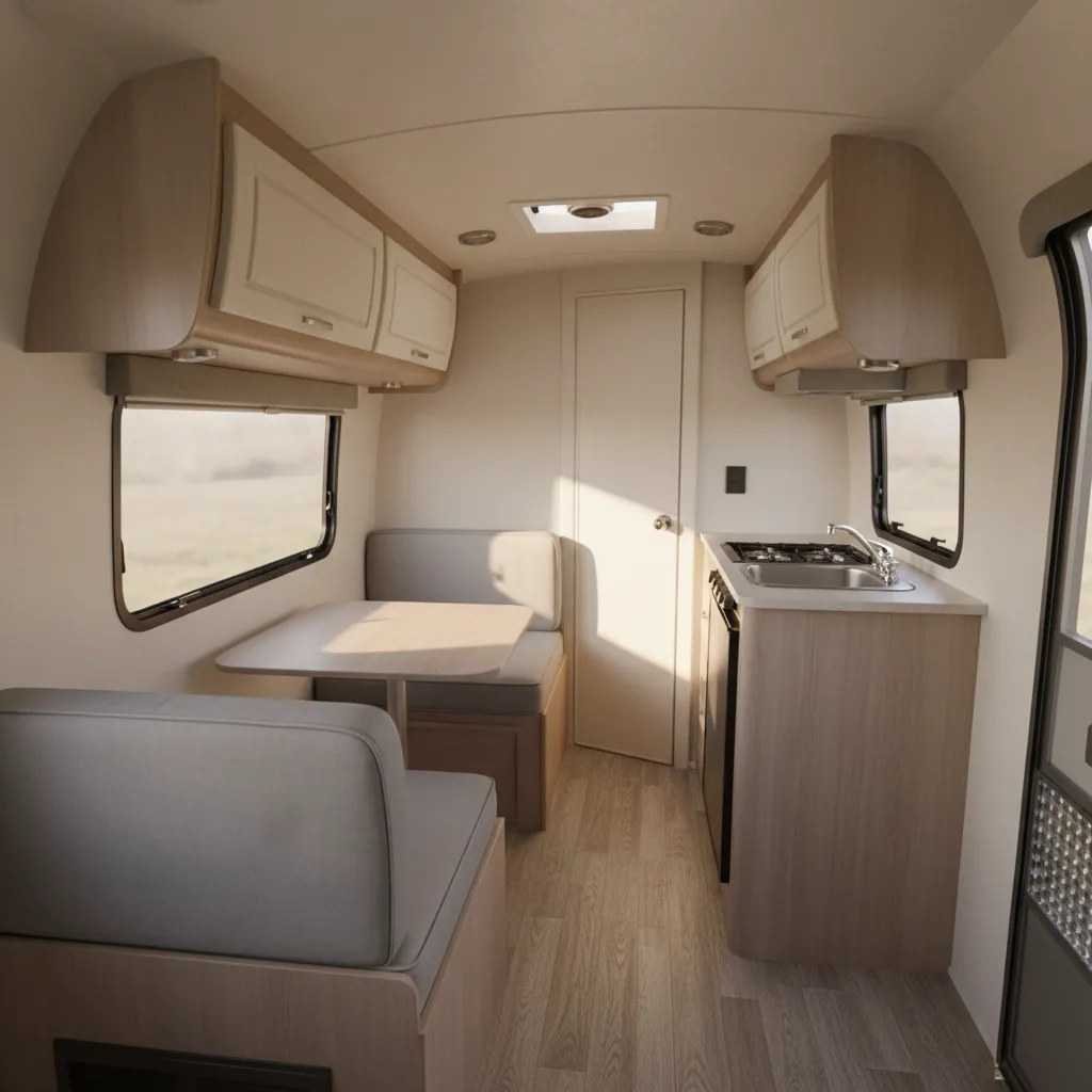 Wide interior view of a Casita Liberty Deluxe trailer showing dinette and kitchenette