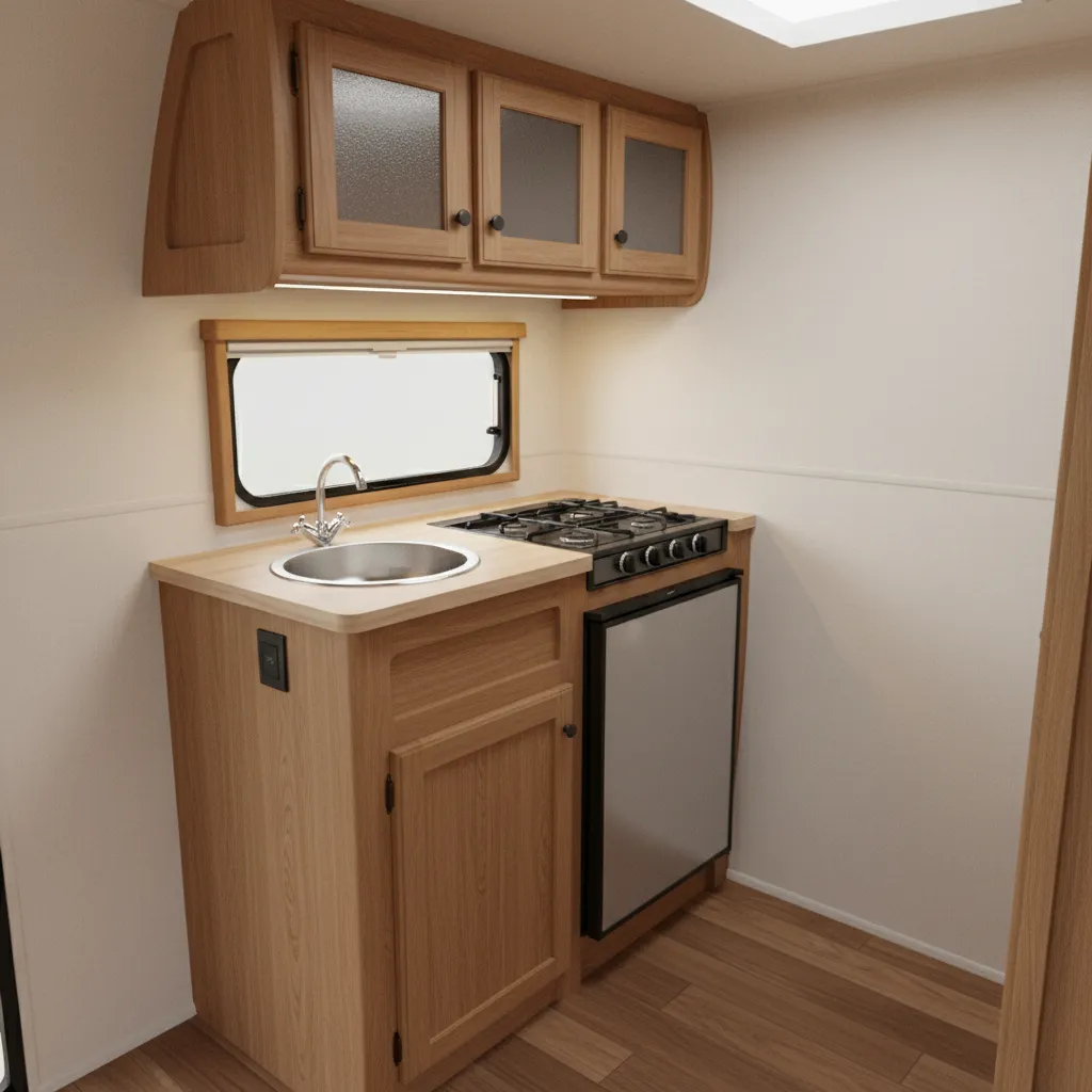Compact kitchenette inside a Casita Liberty Deluxe travel trailer
