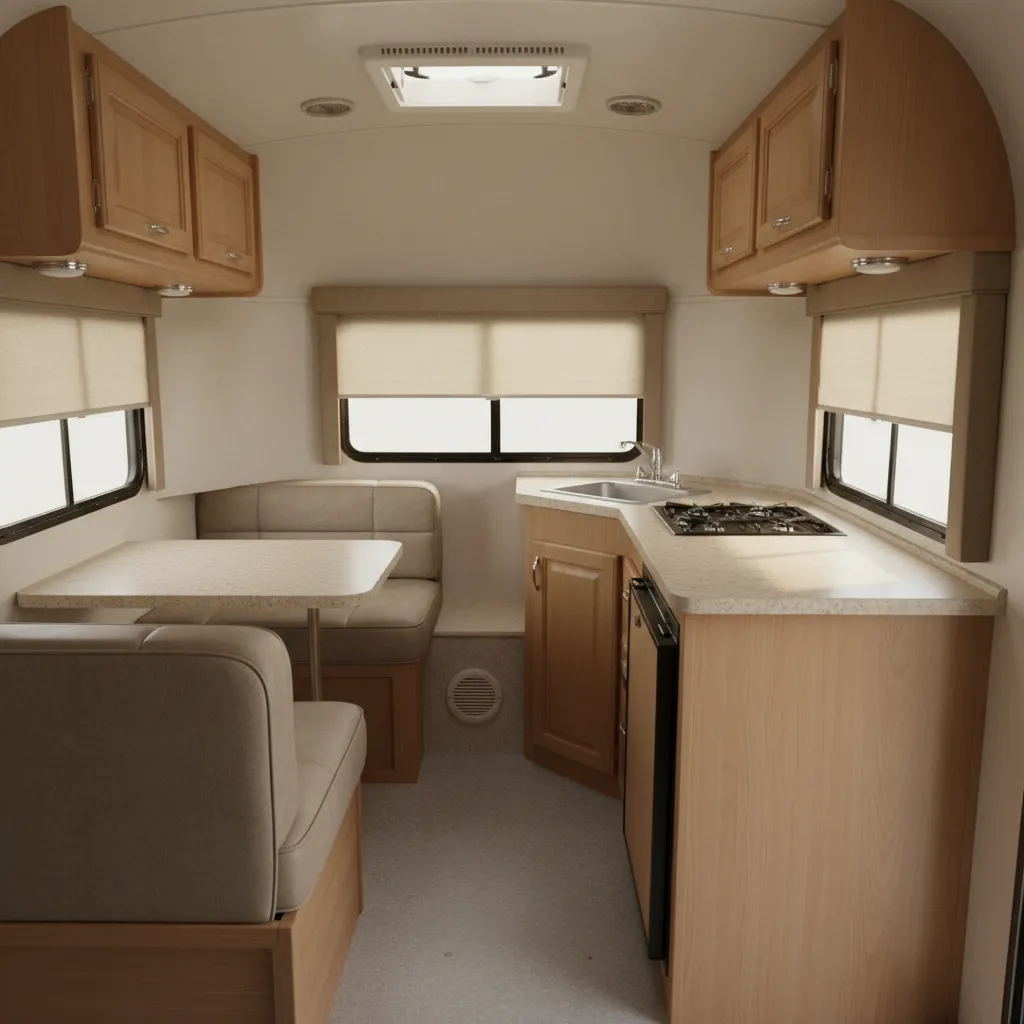 Interior view of a 2001 Casita Liberty Deluxe showing dinette and compact kitchen