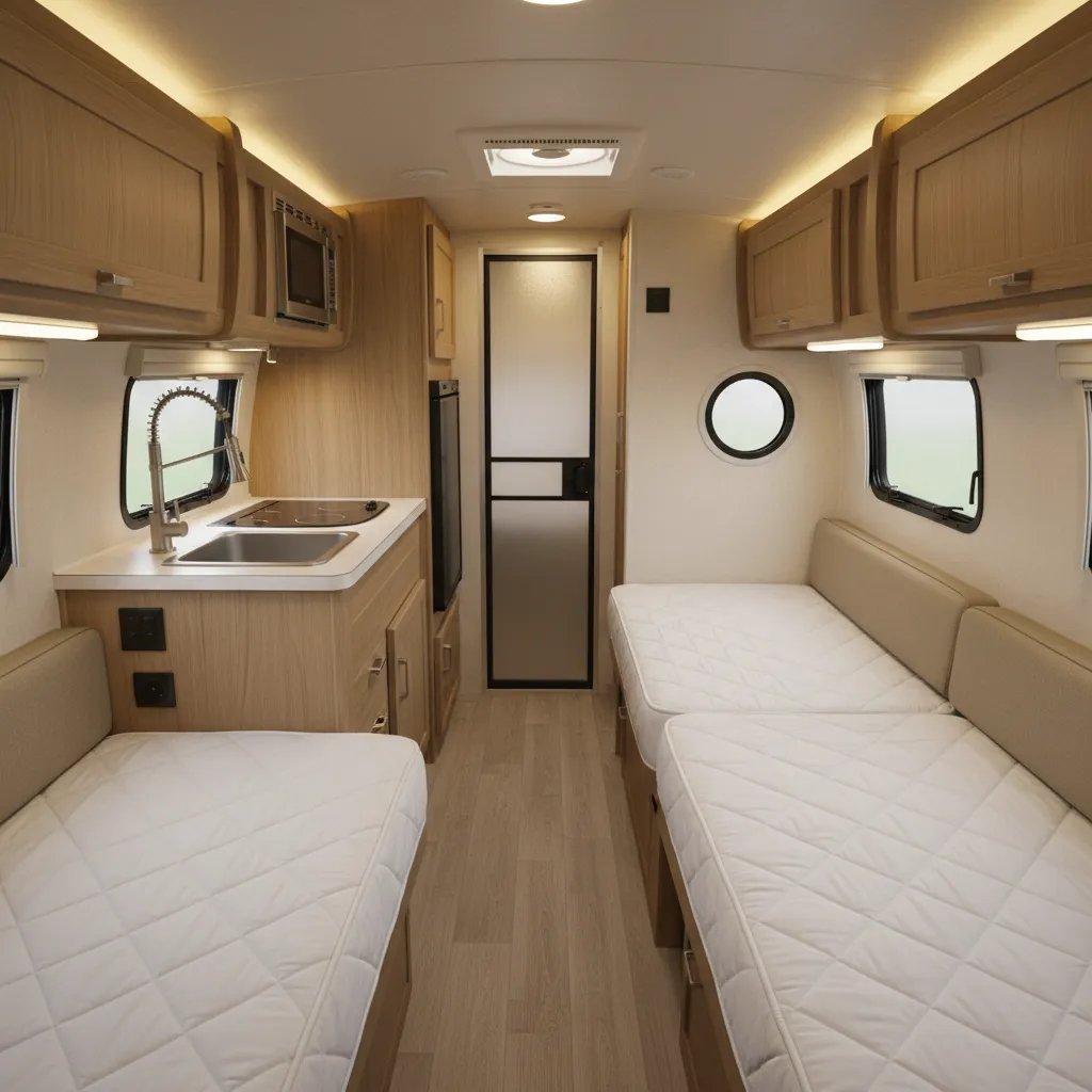 interior twin bed layout of a compact fiberglass travel trailer
