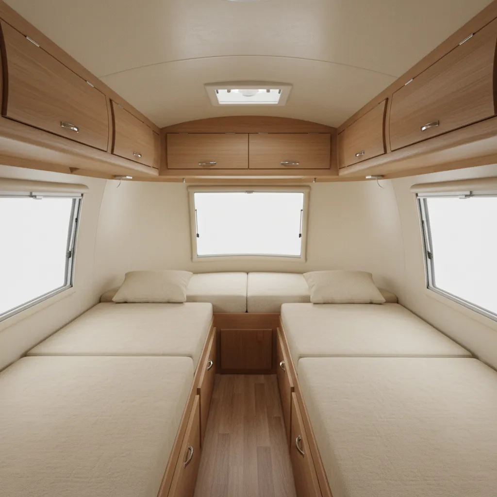 Casita Liberty Deluxe interior with twin beds and center aisle