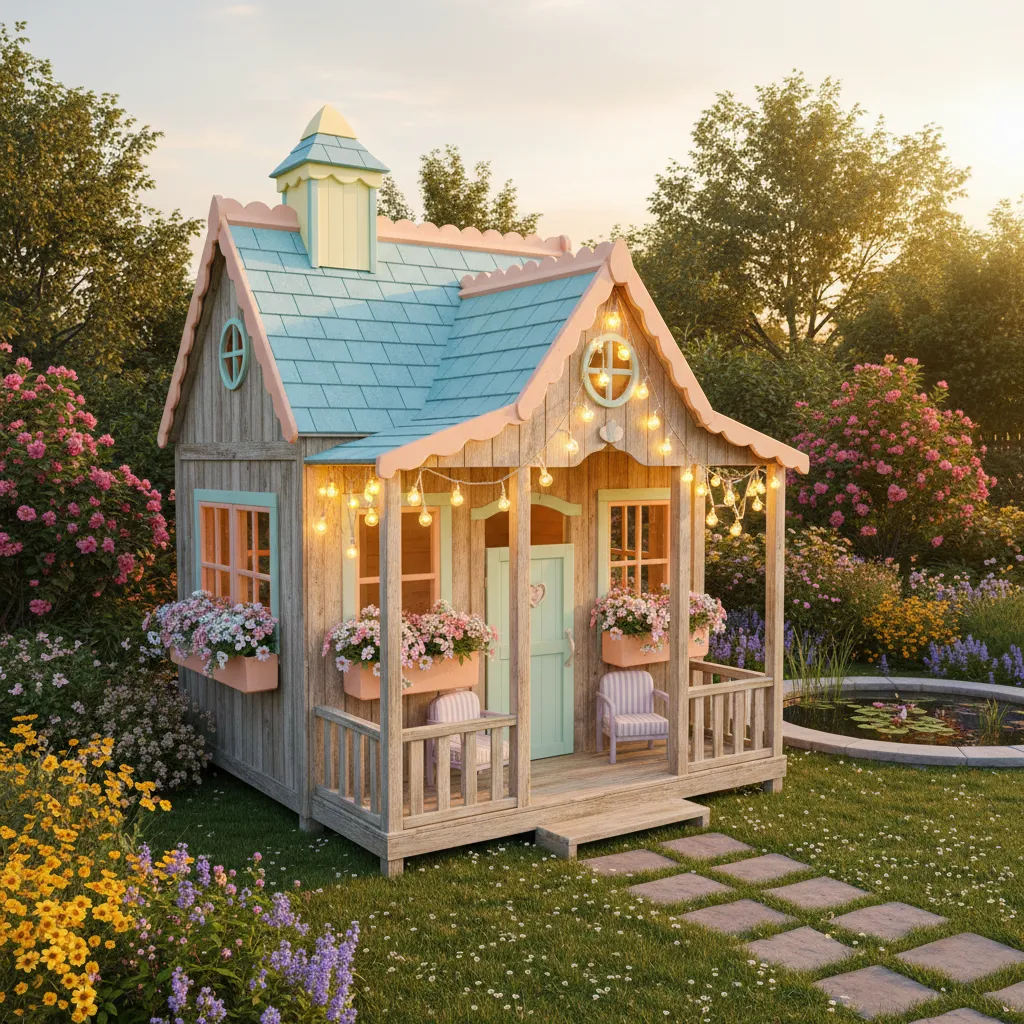 Casa de madera infantil decorada con macetas y luces en el jardín