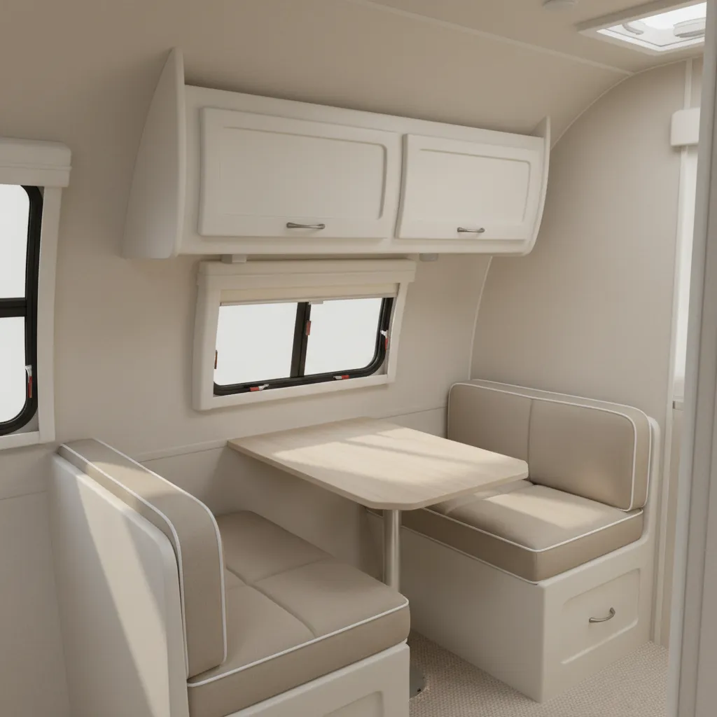 Casita trailer dinette seating area with compact table and overhead cabinets