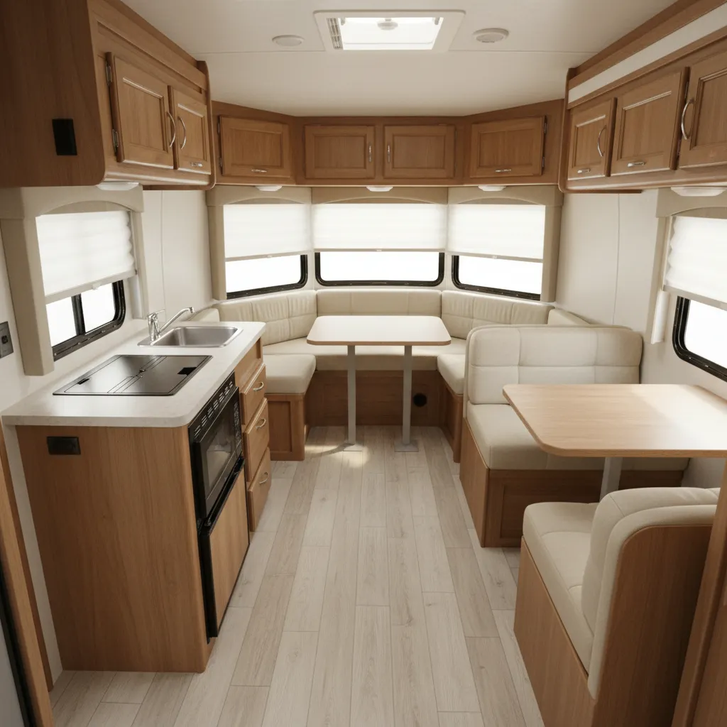 Casita Spirit Deluxe interior showing front dinette and side dinette layout