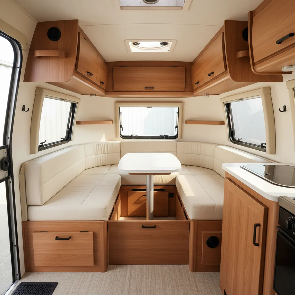 Casita trailer interior storage cabinets and compact organization layout