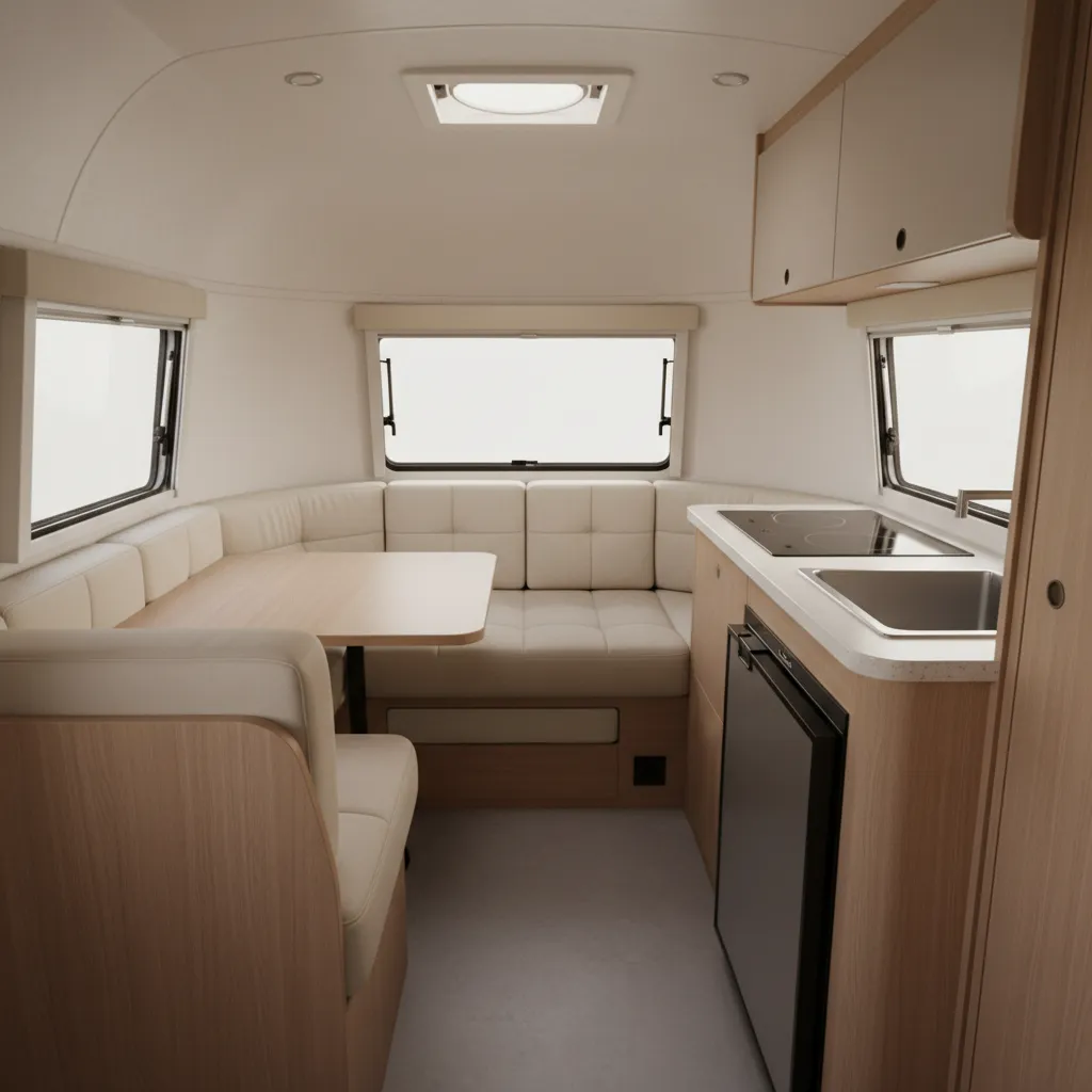 Interior of a small fiberglass camper with dinette converting into a bed