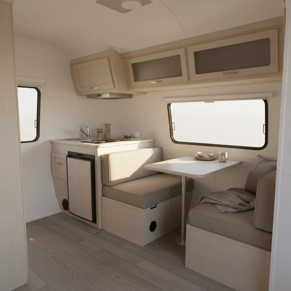 Compact Casita trailer interior showing dinette and small kitchen layout