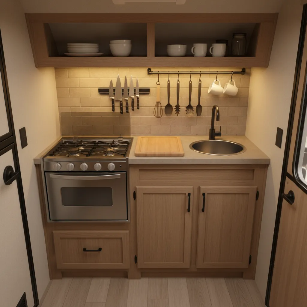 Efficient small kitchen setup inside a Casita travel trailer
