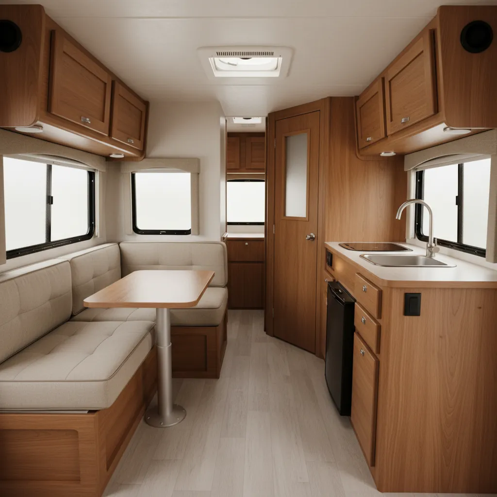 Interior overview of a Casita travel trailer showing compact seating and kitchen layout