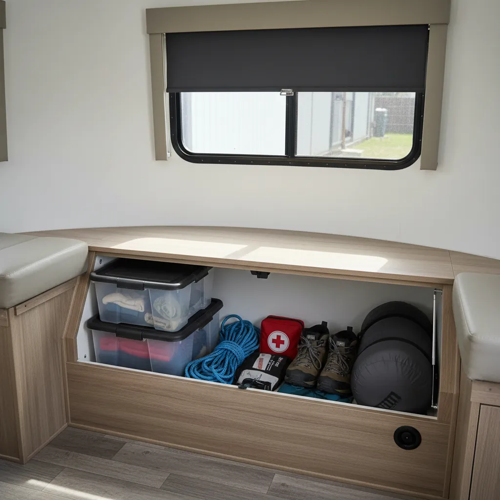 Under seat storage compartments inside a Casita trailer