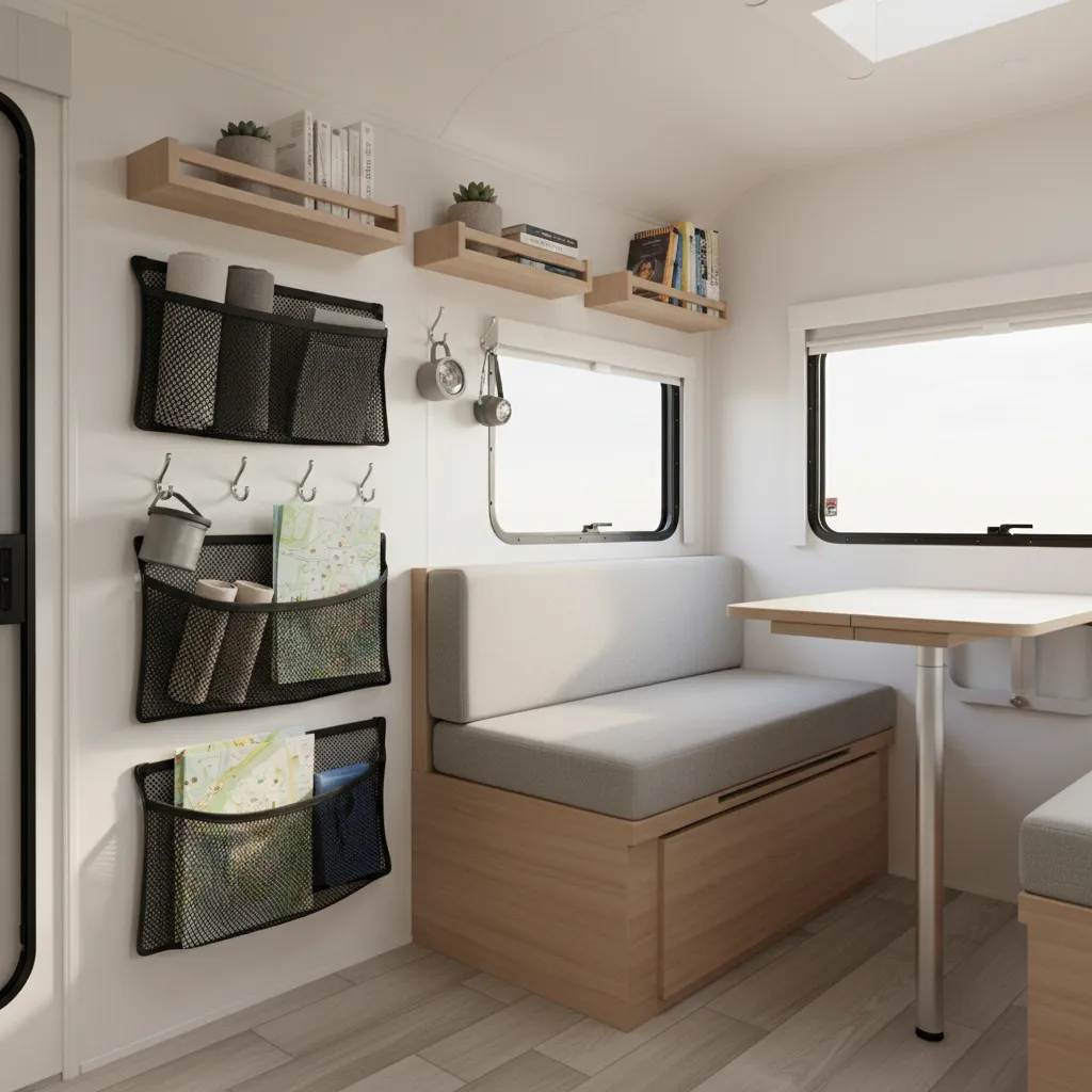 Small RV interior wall organizers and vertical storage solutions