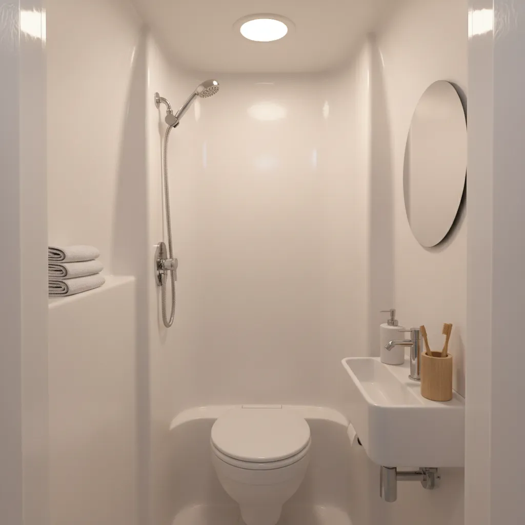 Compact wet bath bathroom inside a Casita travel trailer