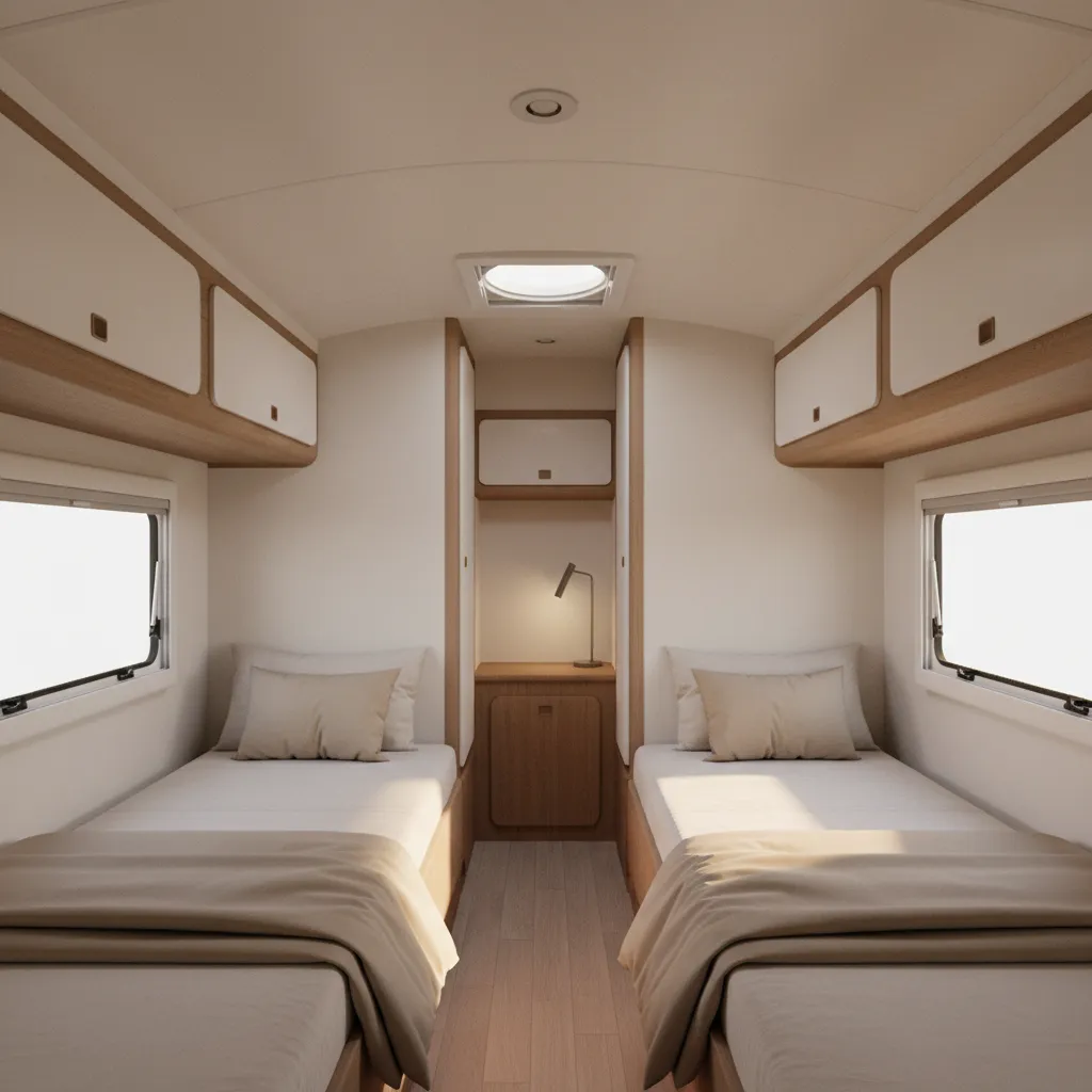 Casita twin bed layout with aisle between beds and overhead cabinets