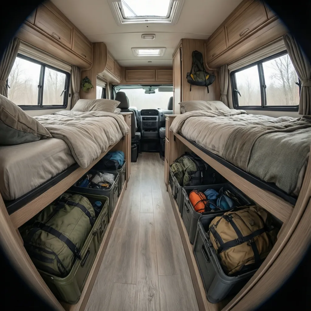 Storage compartments under Casita Liberty twin beds