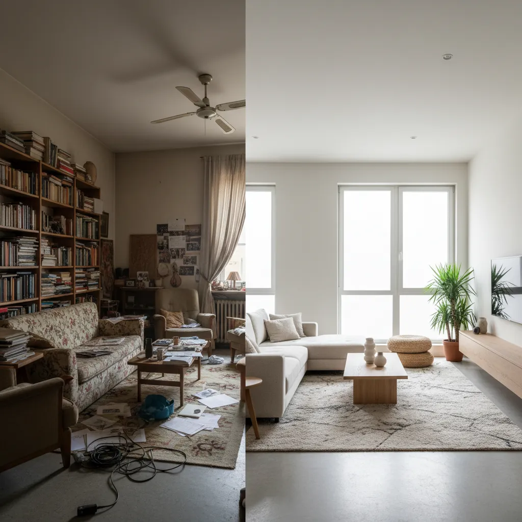 Before and after comparison showing a messy living room transformed into a modern minimalist space