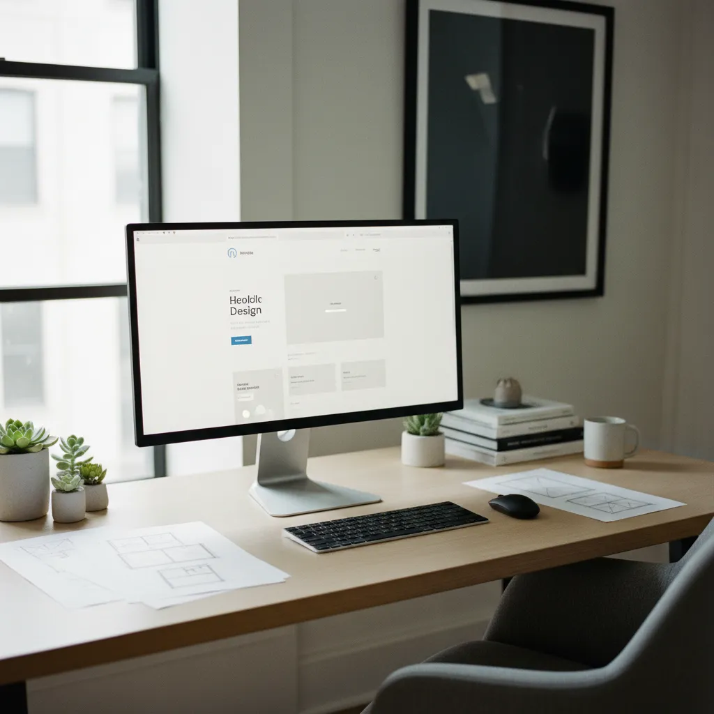 Desktop computer on wood desk showing design website with interior design drawings and potted plants