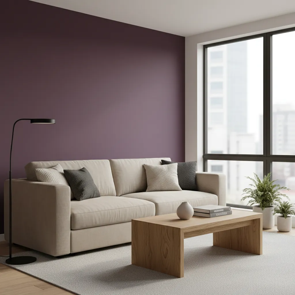 Modern living room featuring purple wall beige sofa wooden coffee table black floor lamp windows