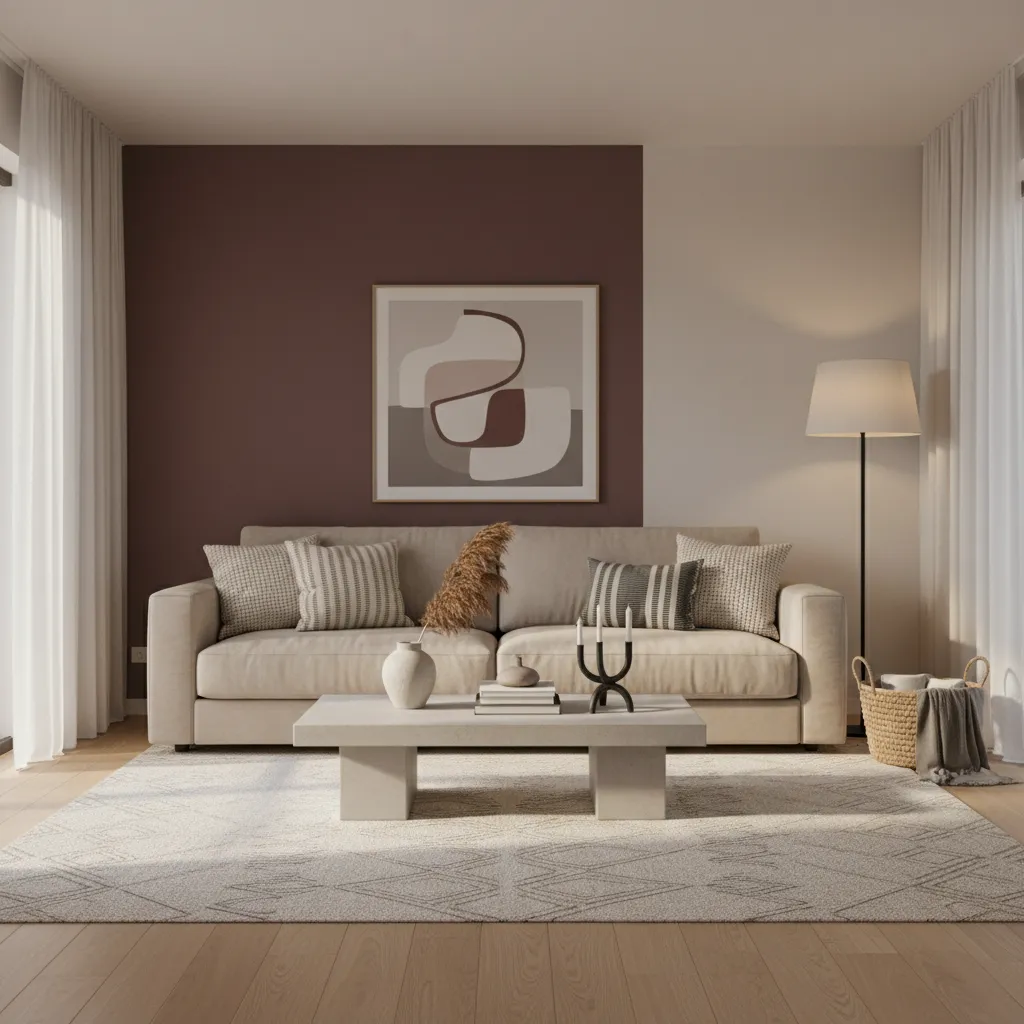 Living room featuring beige sofa white coffee table dark red wall art and floor lamp