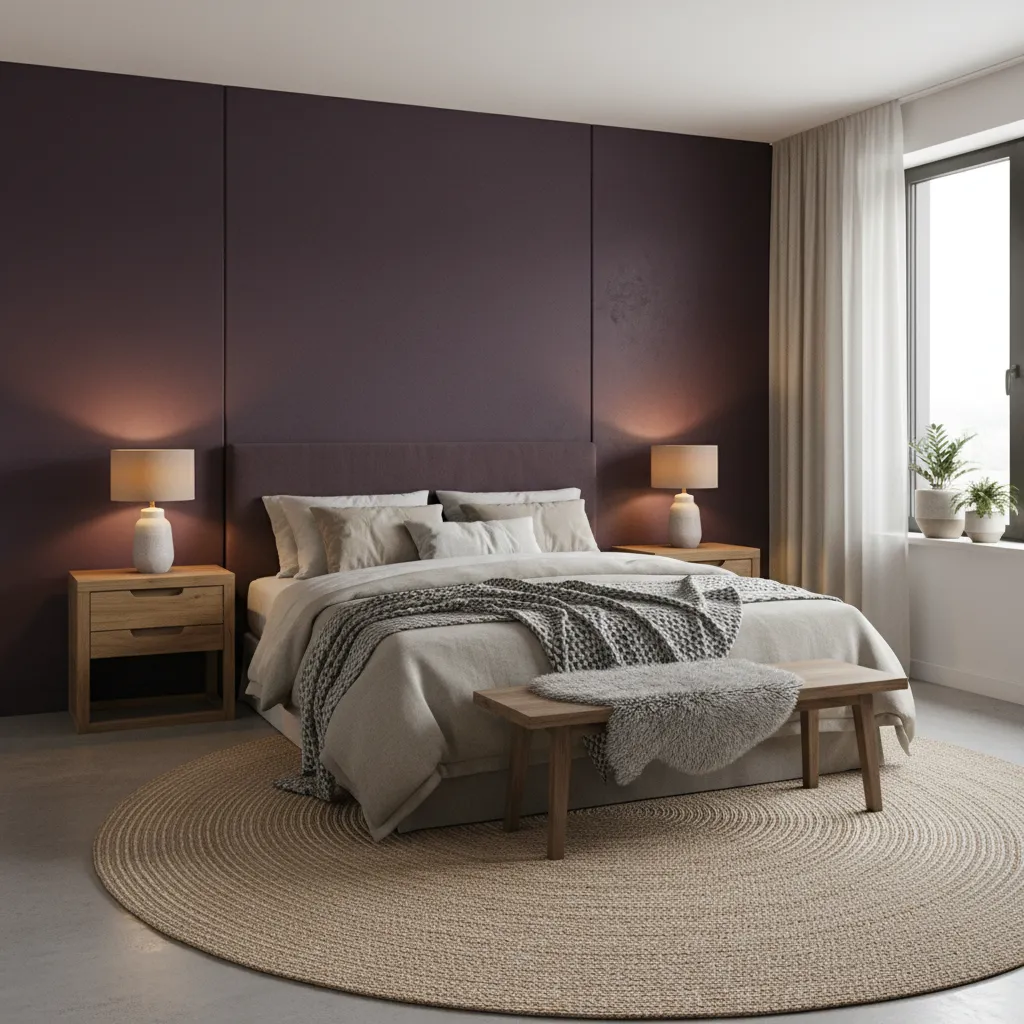 Modern bedroom with purple wall panel wooden bed nightstands and lamps on a round rug