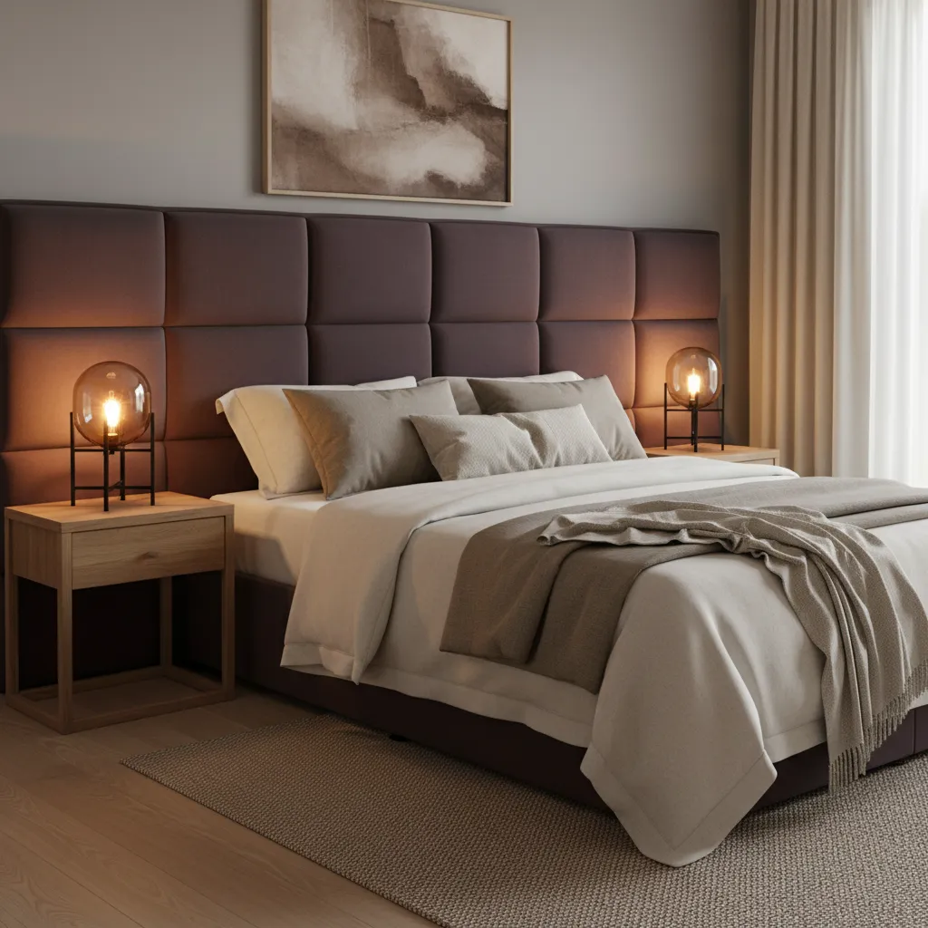 Modern bedroom with large brown wall panel white bedding wooden nightstands and glass table lamps