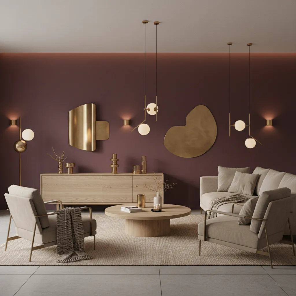 Purple living room with beige sofa wooden cabinet coffee table and modern gold wall lights