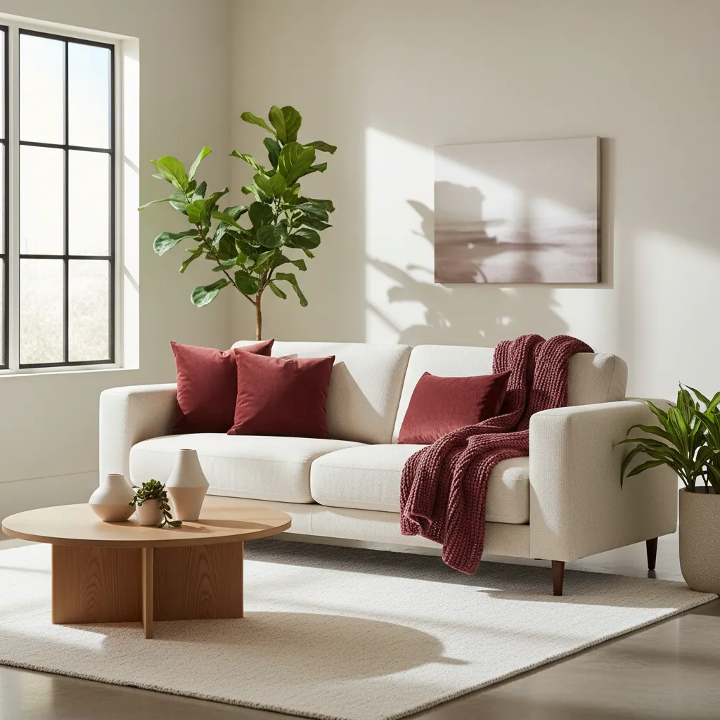 Bright living room with white sofa red pillows and blanket wooden coffee table and plant