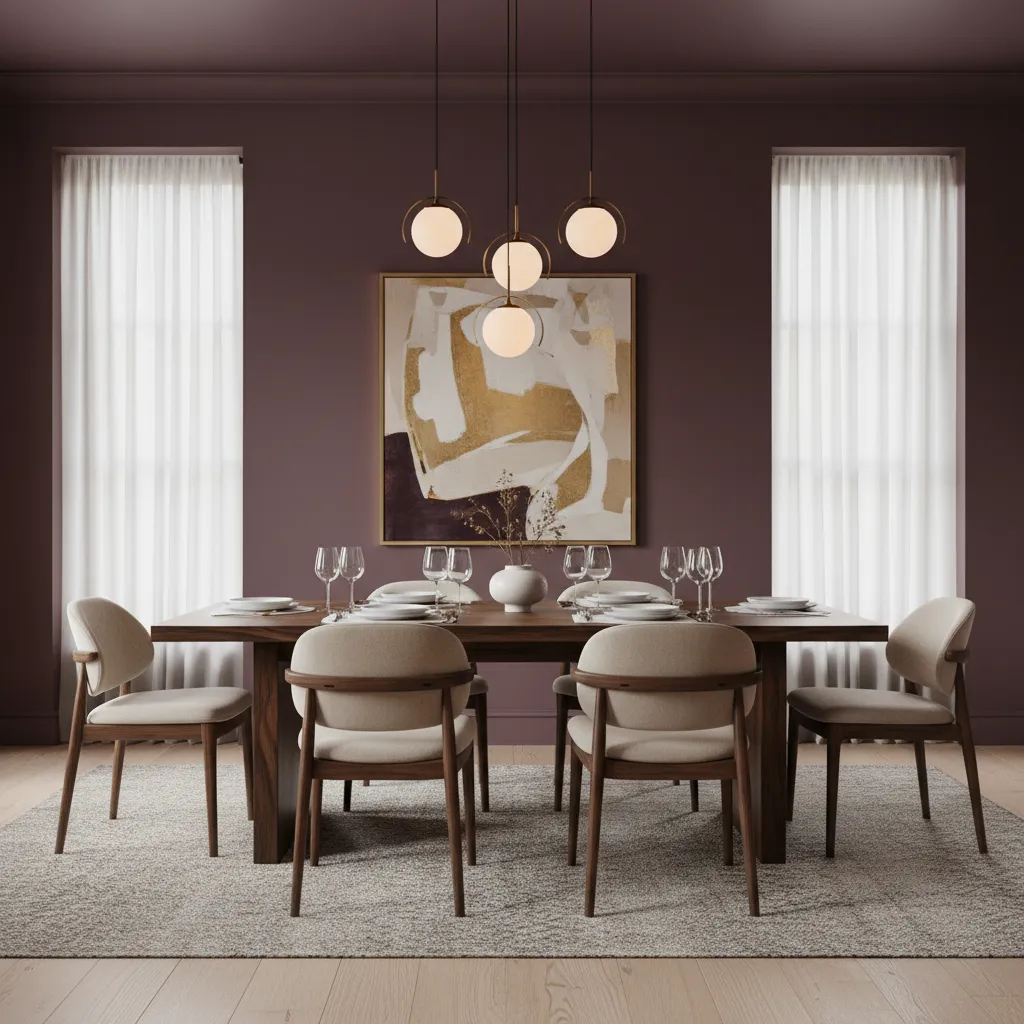 Dining room with purple walls wooden table beige chairs white curtains and globe ceiling light