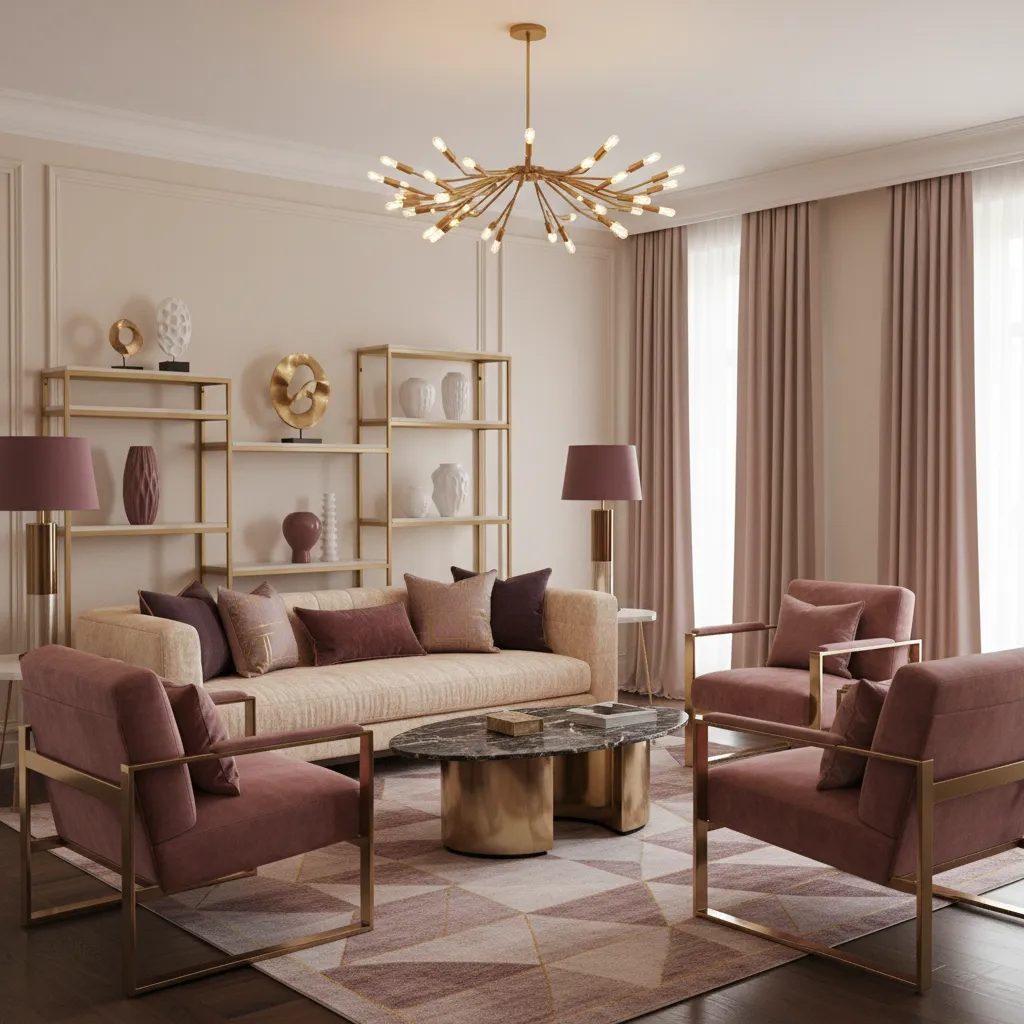 Elegant living room with cream sofa red chairs marble coffee table and gold ceiling light