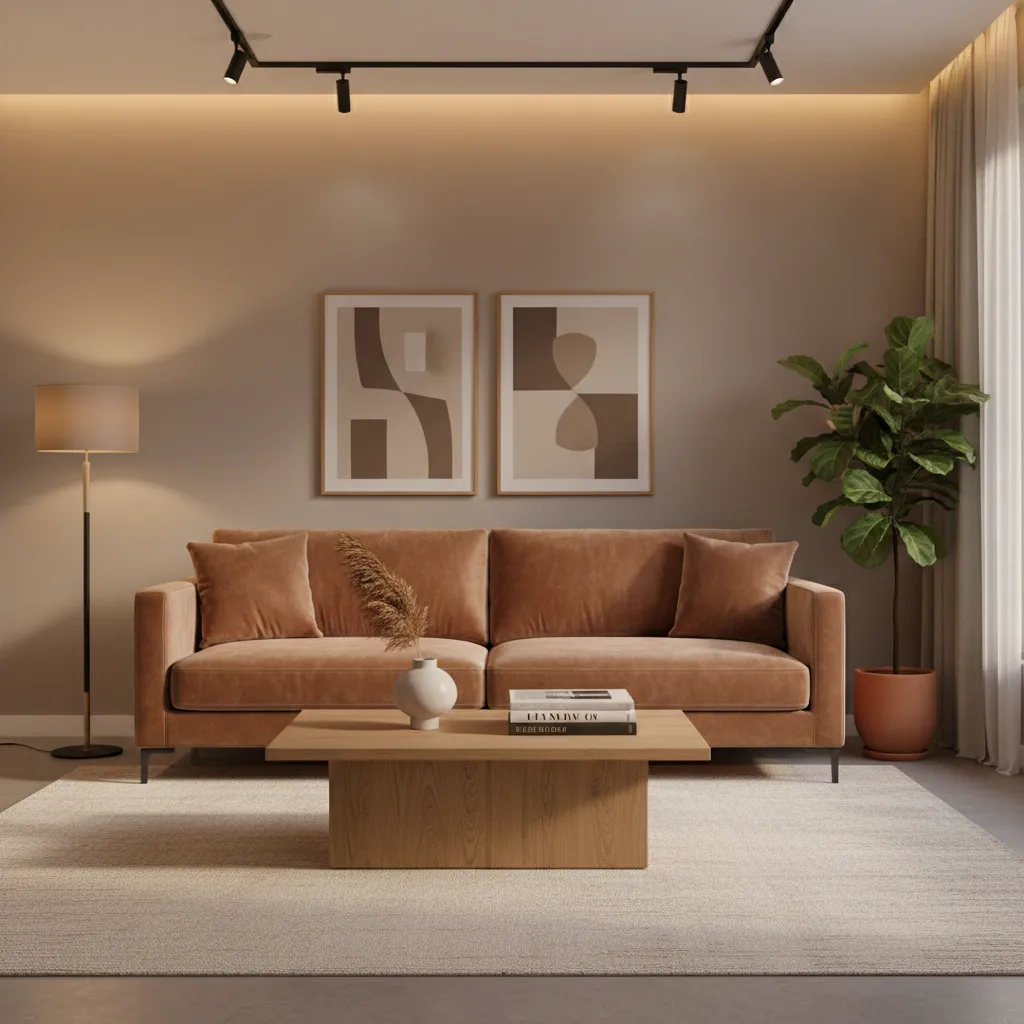 Modern living room with brown sofa wooden coffee table floor lamp and green potted plant