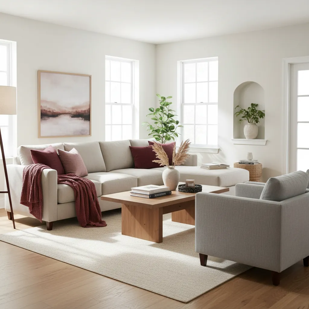 Bright living room with beige sofa red pillows grey armchair wooden coffee table and art