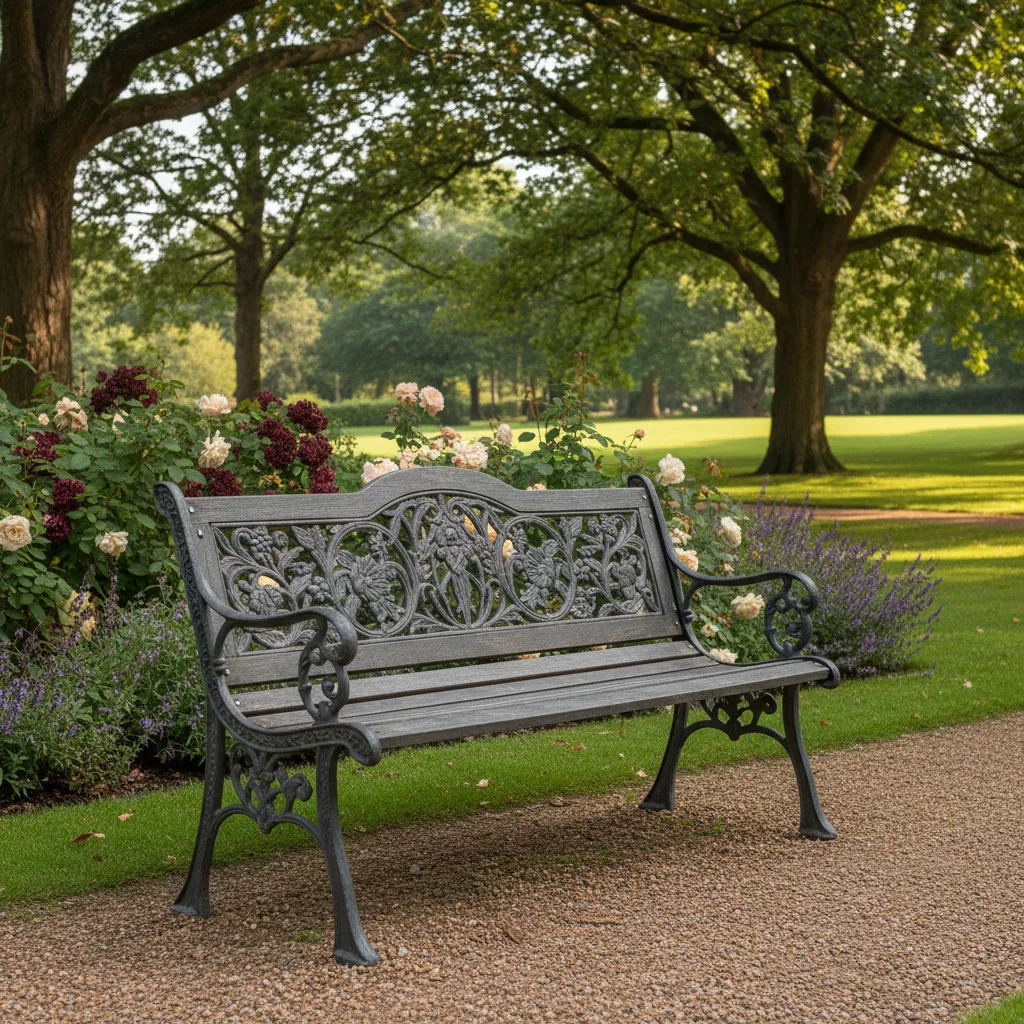 Traditional cast iron garden bench with ornate detailing in park garden