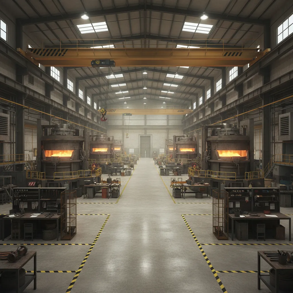casting workshop layout showing safe spacing between furnaces and workstations