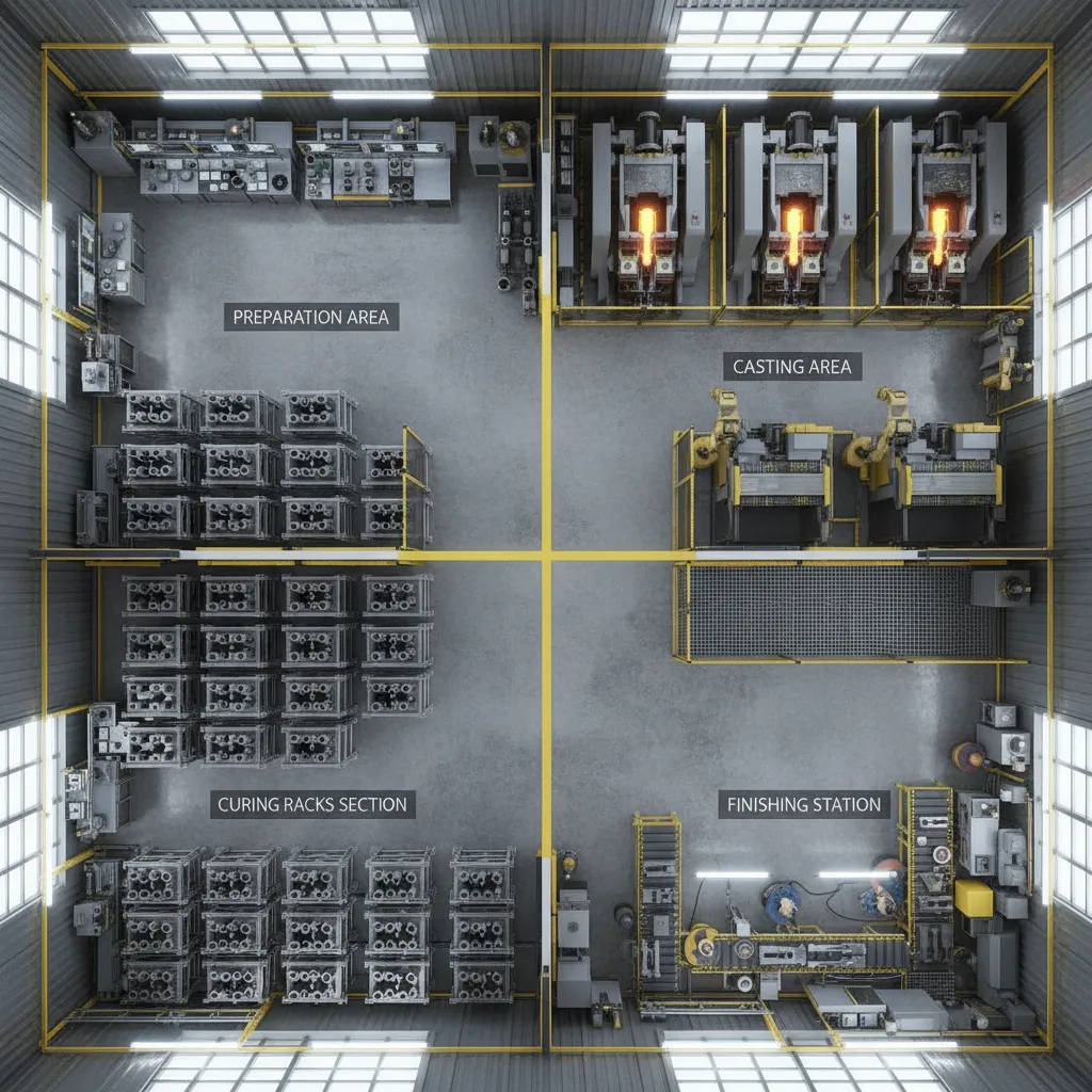 industrial casting room divided into clear functional production zones