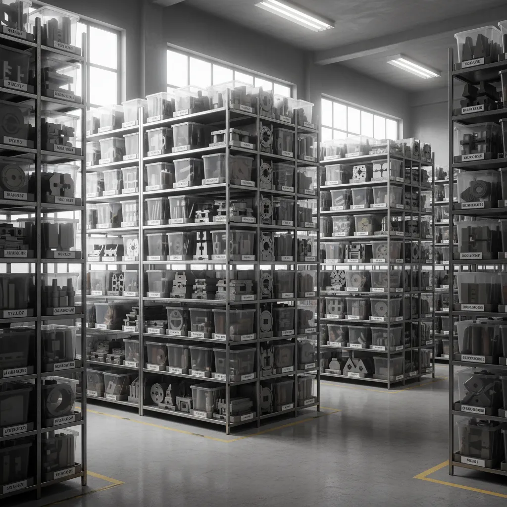 organized mold storage racks and material bins in casting room