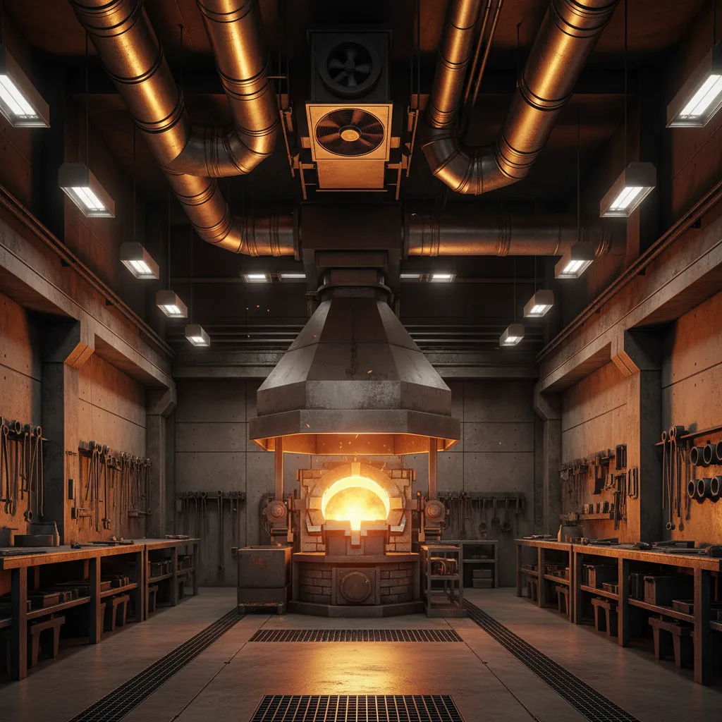 industrial casting furnace with overhead ventilation hood system