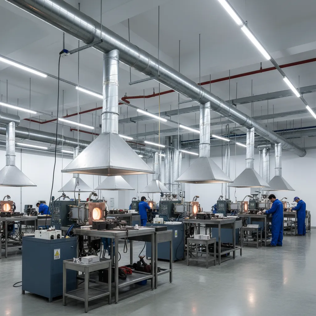Industrial casting room ventilation and exhaust system above workstations