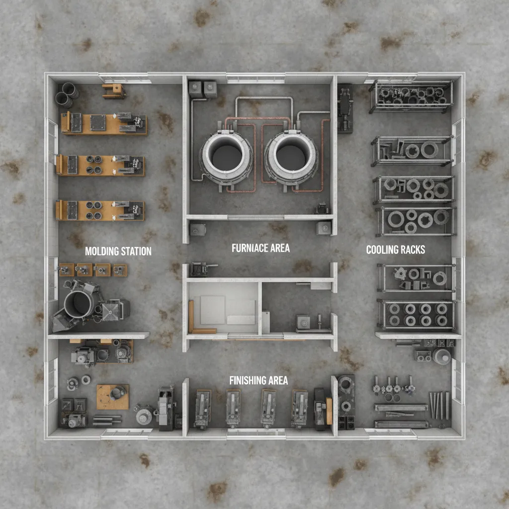 top view diagram showing casting room workflow zones and equipment placement