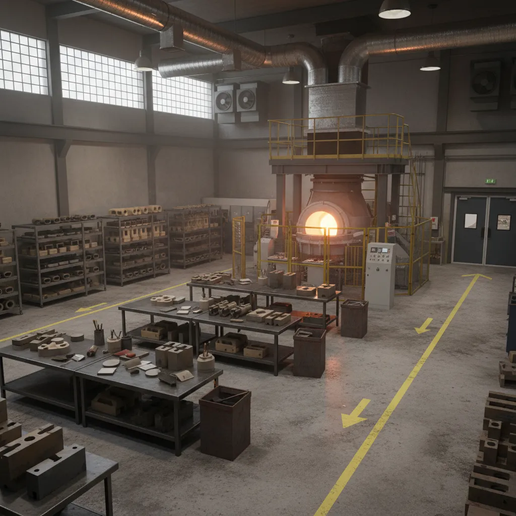 industrial casting room showing furnace, molding station, and workflow path