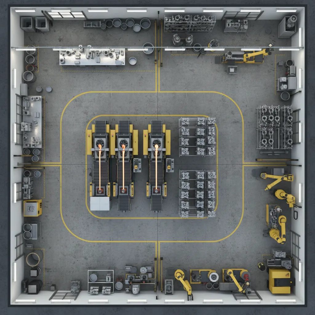 overview of a casting workshop layout with labeled workflow stations
