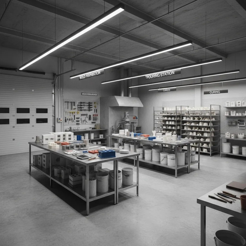 Casting workshop showing preparation, pouring, and curing zones