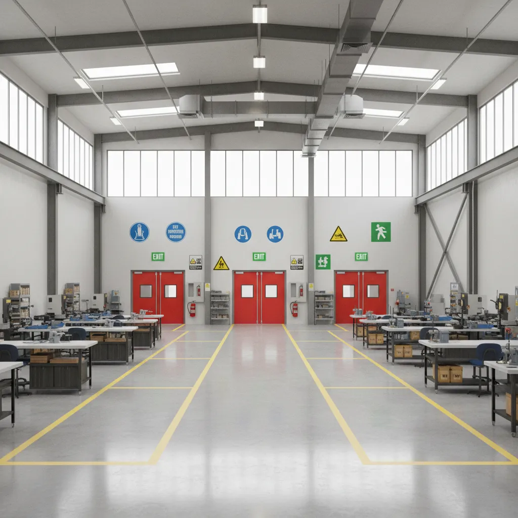 casting workshop layout with marked emergency exits and evacuation routes