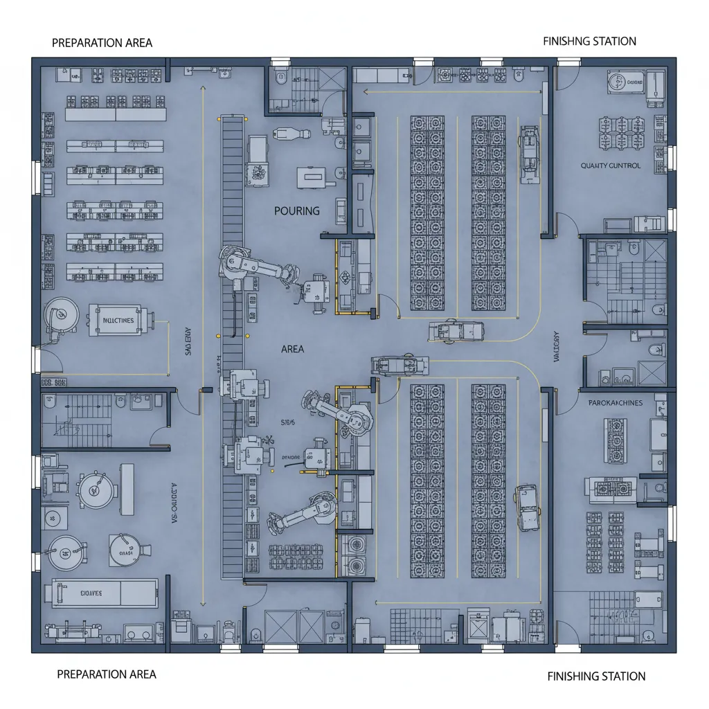 Industrial casting workshop layout showing linear workflow design