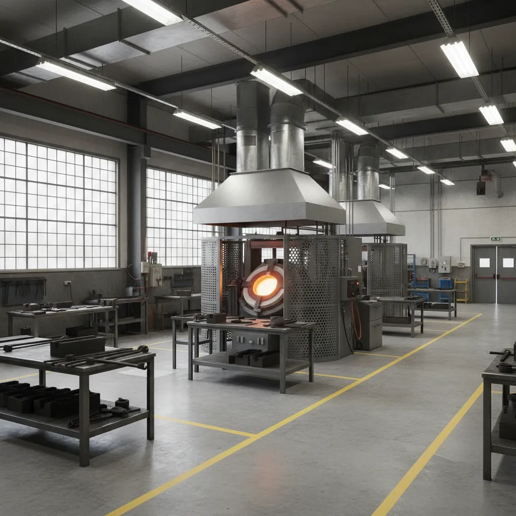 organized casting workshop with furnace area and safe working zones