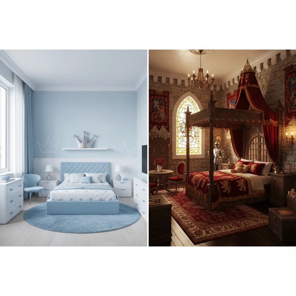 comparison of minimal prince bedroom and castle themed bedroom concept