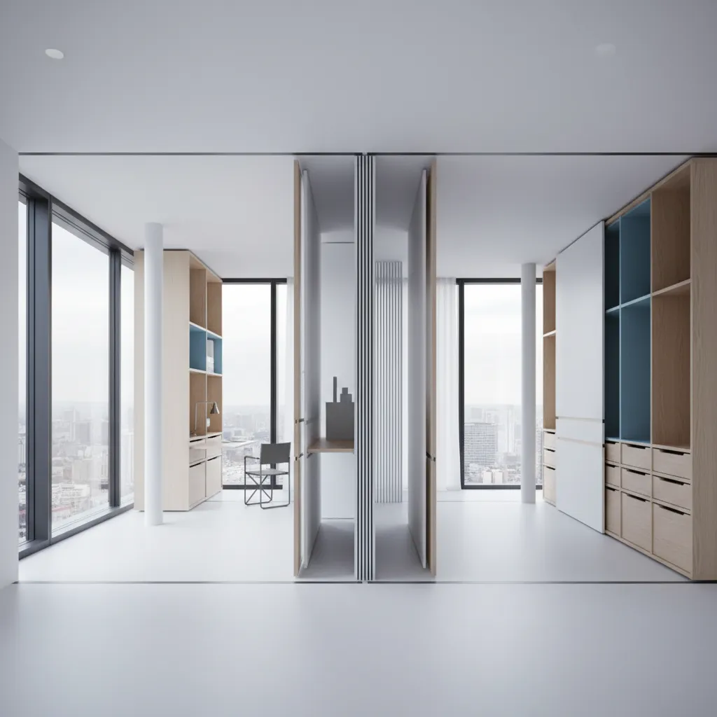 Modern white interior with light wood cabinets tall windows and minimalist workspace with one black chair