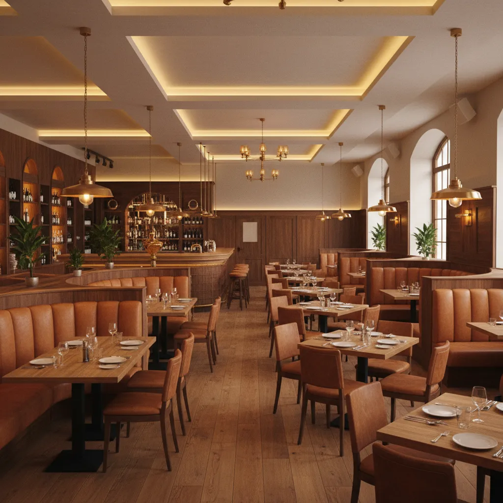 casual dining restaurant layout with booths and central tables