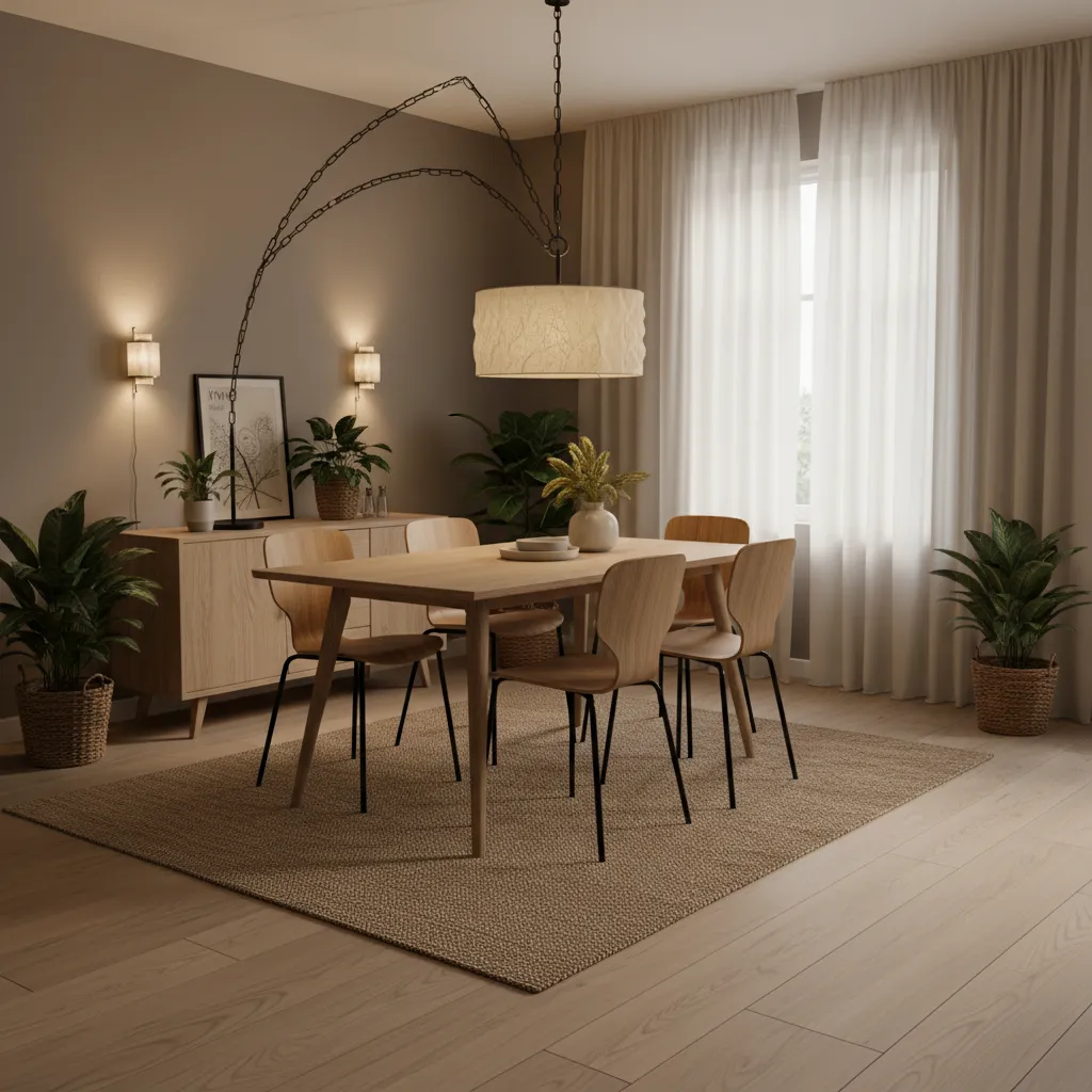 Casual dining room interior featuring a stylish swag pendant lamp