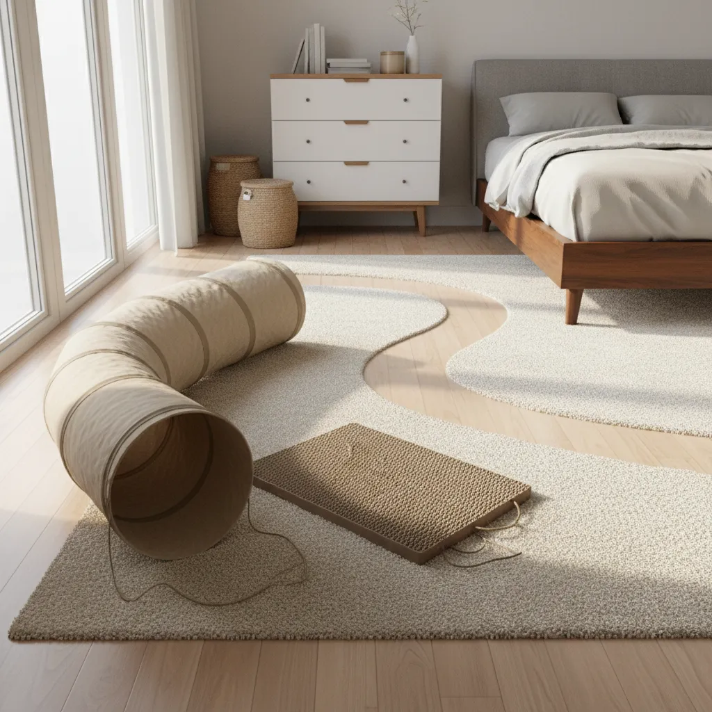 Bedroom floor play area with cat tunnel toys and open running path