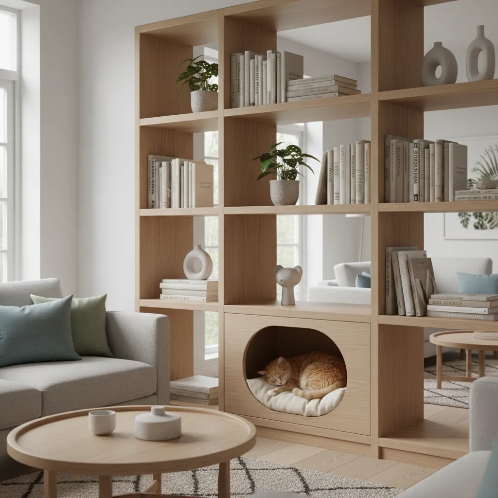 Casa para gatos integrada en una estantería moderna